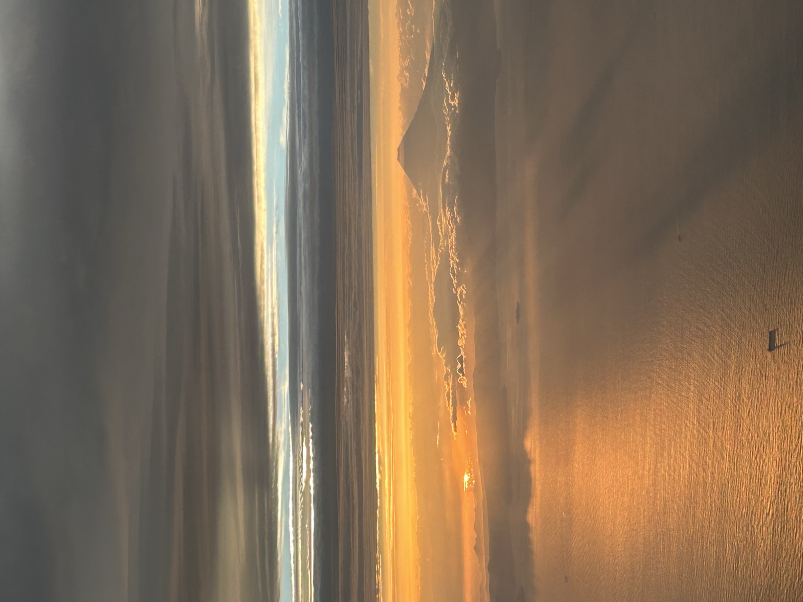 機上から見た夜明けの富士山と海